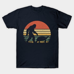 Bigfoot Walking With a Turtle Vintage Distressed Sunset Hiking T-Shirt